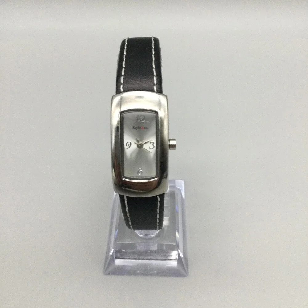 Style & Co. Womens Watch 18mm Silver Dial Black Leather Open Cuff New Battery